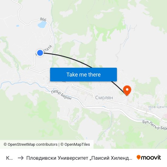 Каптажа to Пловдивски Университет „Паисий Хилендарски“, Филиал Смолян, Физико-Технологичен Факултет map