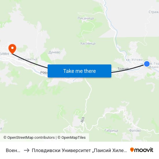 Военни Блокове to Пловдивски Университет „Паисий Хилендарски“, Филиал Смолян, Физико-Технологичен Факултет map