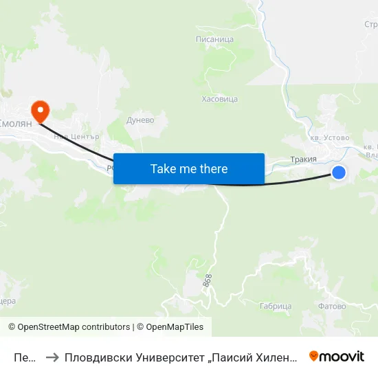 Петровица to Пловдивски Университет „Паисий Хилендарски“, Филиал Смолян, Физико-Технологичен Факултет map