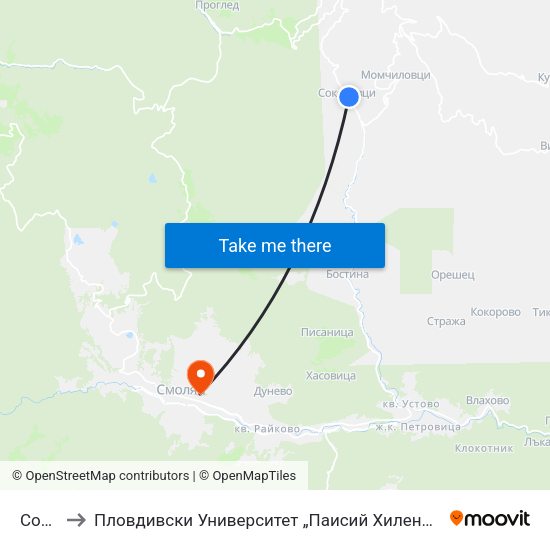 Соколовци to Пловдивски Университет „Паисий Хилендарски“, Филиал Смолян, Физико-Технологичен Факултет map