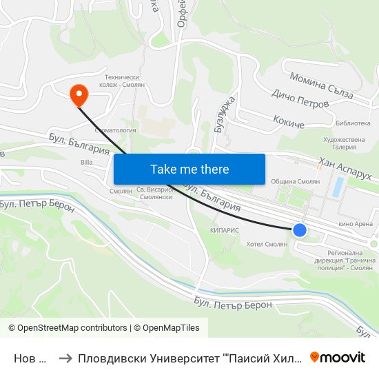 Нов Център to Пловдивски Университет ""Паисий Хилендарски"" - Филиал Смолян map