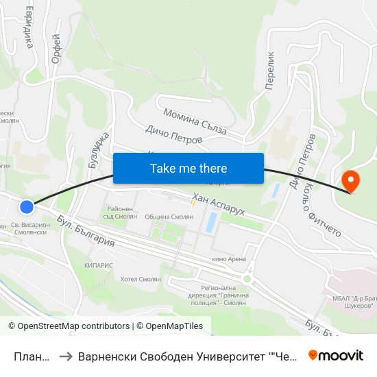 Планетариум to Варненски Свободен Университет ""Черноризец Храбър"" - Филиал Смолян map