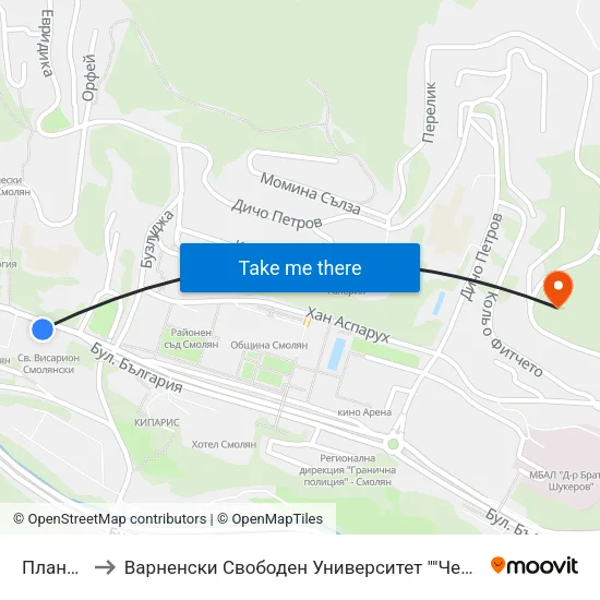 Планетариум to Варненски Свободен Университет ""Черноризец Храбър"" - Филиал Смолян map