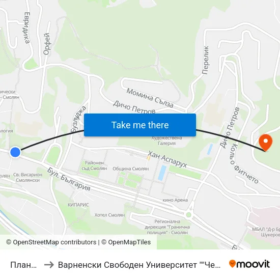 Планетариум to Варненски Свободен Университет ""Черноризец Храбър"" - Филиал Смолян map