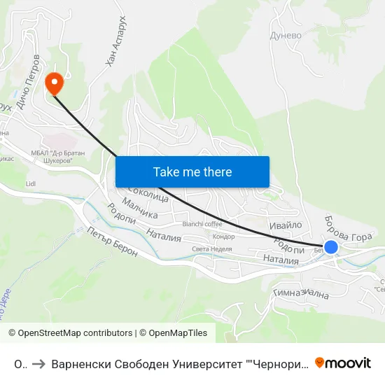 Окс to Варненски Свободен Университет ""Черноризец Храбър"" - Филиал Смолян map