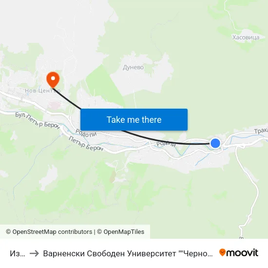 Изгрев to Варненски Свободен Университет ""Черноризец Храбър"" - Филиал Смолян map