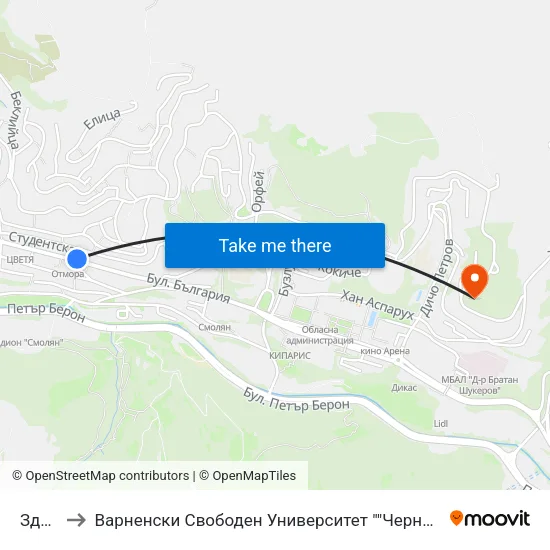 Здравец to Варненски Свободен Университет ""Черноризец Храбър"" - Филиал Смолян map