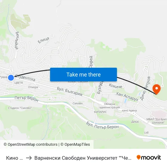 Кино Дружба to Варненски Свободен Университет ""Черноризец Храбър"" - Филиал Смолян map