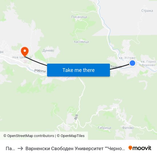 Пазара to Варненски Свободен Университет ""Черноризец Храбър"" - Филиал Смолян map