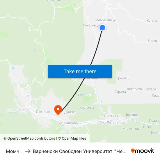 Момчиловци to Варненски Свободен Университет ""Черноризец Храбър"" - Филиал Смолян map