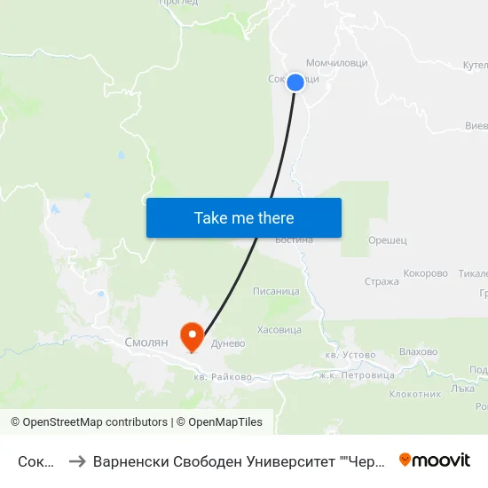 Соколовци to Варненски Свободен Университет ""Черноризец Храбър"" - Филиал Смолян map