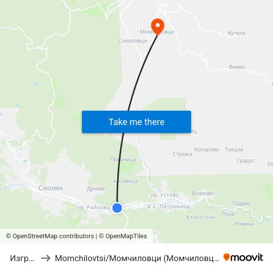 Изгрев to Momchilovtsi / Момчиловци (Момчиловци) map