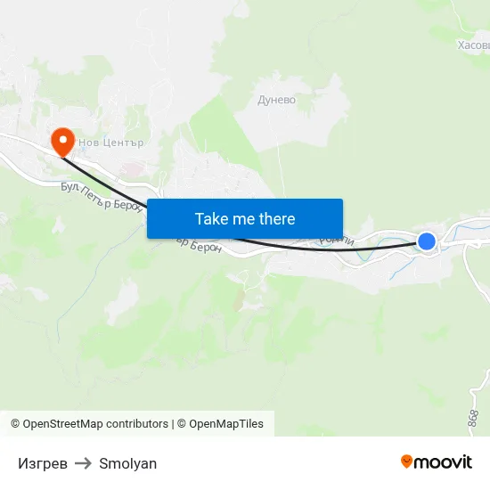 Изгрев to Smolyan map