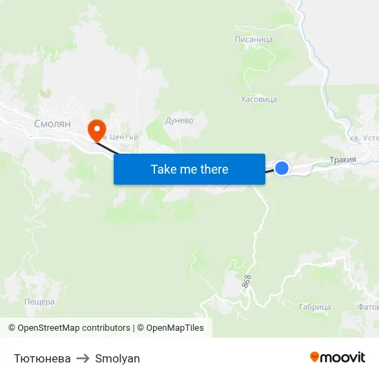 Тютюнева to Smolyan map