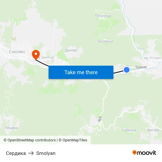 Serdika to Smolyan map