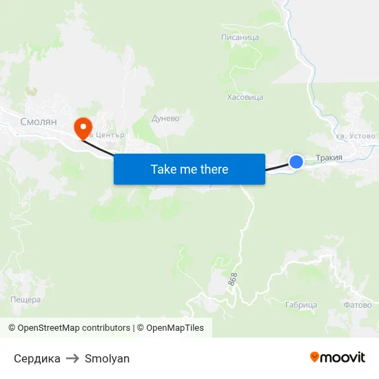 Serdika to Smolyan map