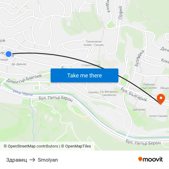 Zdravets to Smolyan map