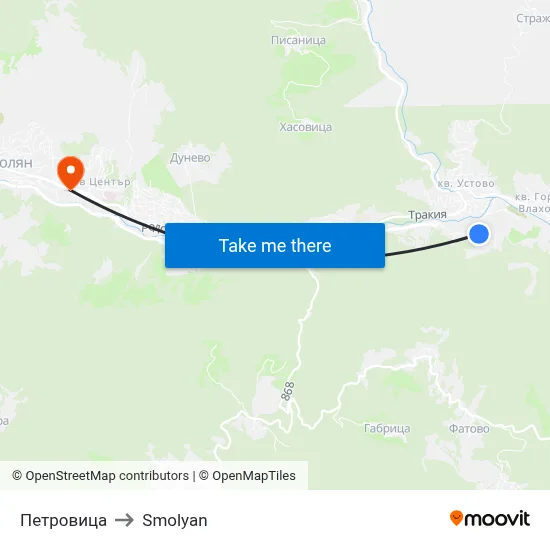 Petrovitsa to Smolyan map