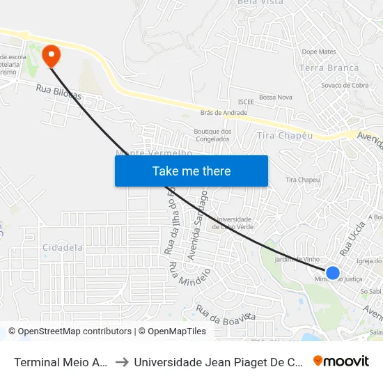 Terminal Meio Achada to Universidade Jean Piaget De Cabo Verde map