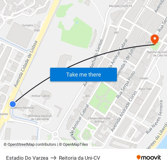 Estadio Do Varzea to Reitoria da Uni-CV map