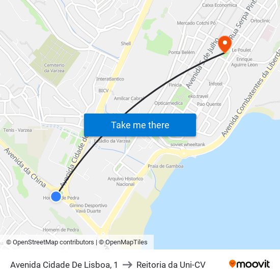 Avenida Cidade De Lisboa, 1 to Reitoria da Uni-CV map