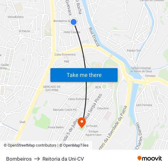 Bombeiros to Reitoria da Uni-CV map