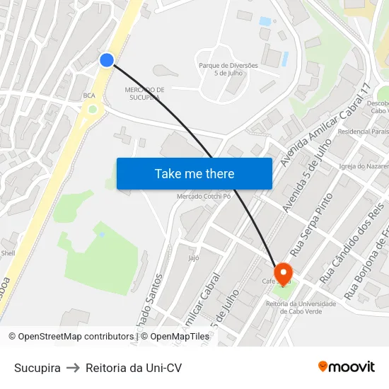 Sucupira to Reitoria da Uni-CV map