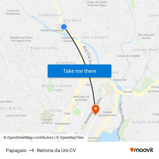 Papagaio to Reitoria da Uni-CV map