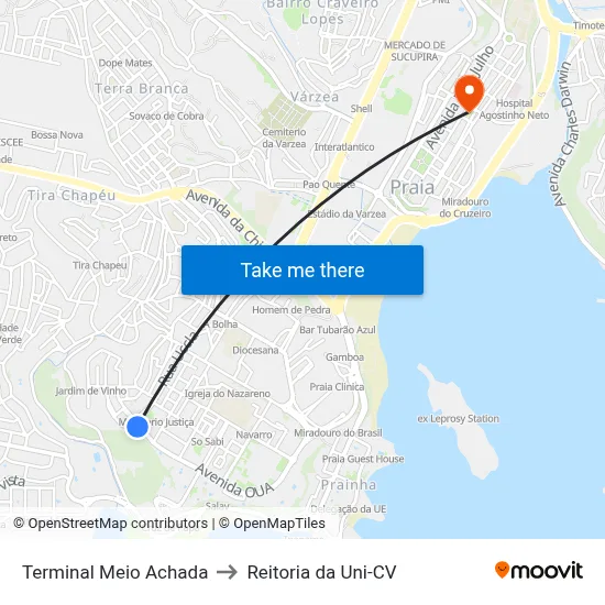 Terminal Meio Achada to Reitoria da Uni-CV map