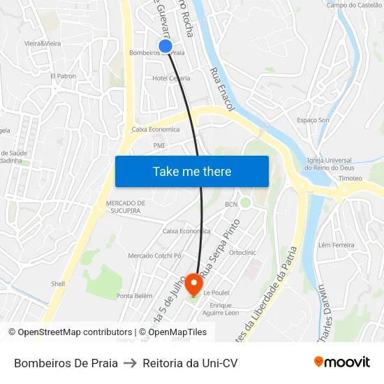 Bombeiros De Praia to Reitoria da Uni-CV map