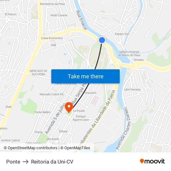 Ponte to Reitoria da Uni-CV map