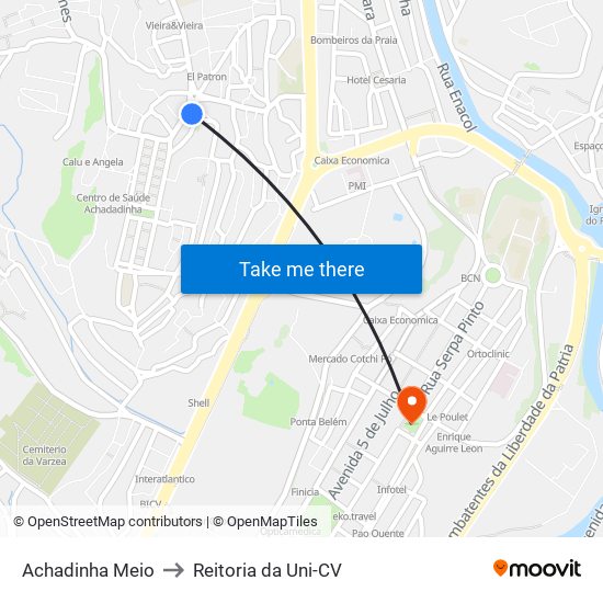 Achadinha Meio to Reitoria da Uni-CV map