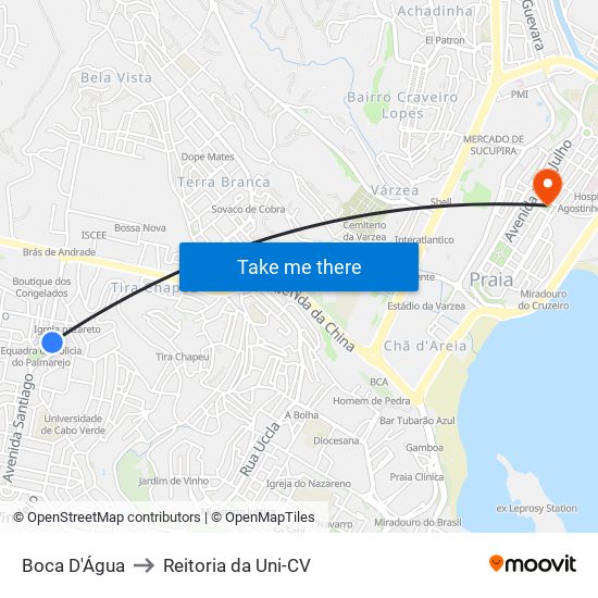 Boca D'Água to Reitoria da Uni-CV map