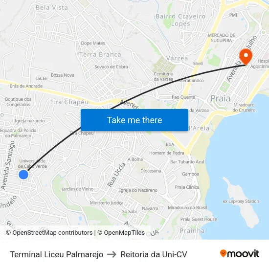 Terminal Liceu Palmarejo to Reitoria da Uni-CV map