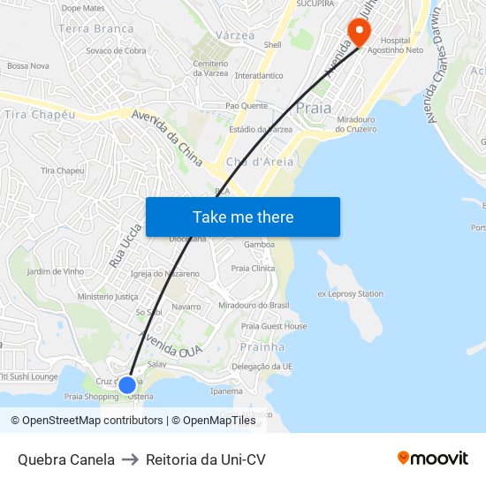 Quebra Canela to Reitoria da Uni-CV map