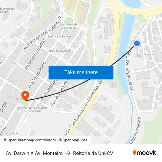 Av. Darwin X Av. Monteiro to Reitoria da Uni-CV map