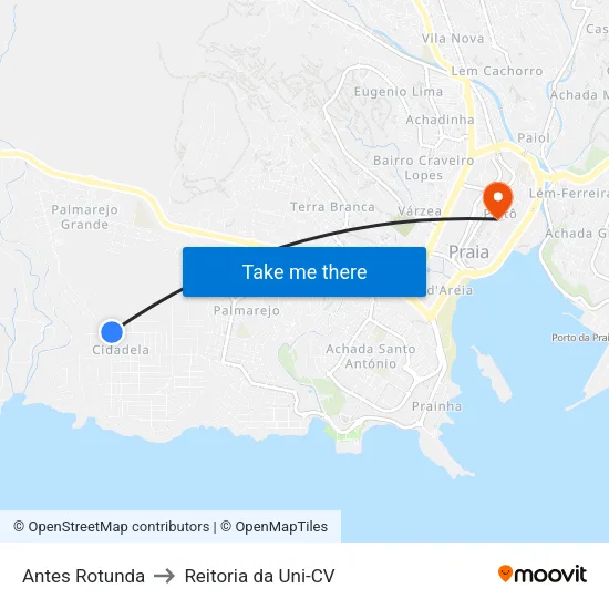 Antes Rotunda to Reitoria da Uni-CV map