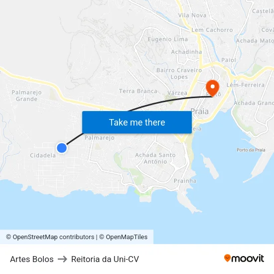 Artes Bolos to Reitoria da Uni-CV map