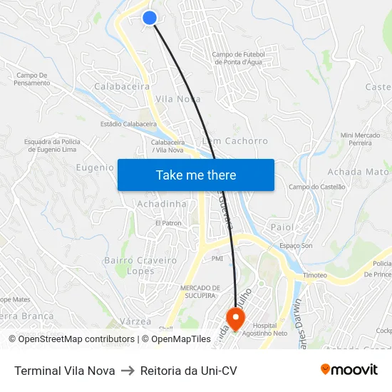 Terminal Vila Nova to Reitoria da Uni-CV map