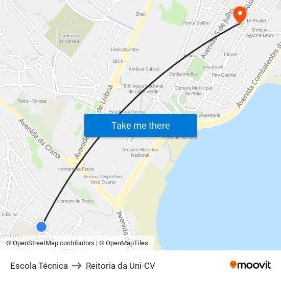 Escola Técnica to Reitoria da Uni-CV map