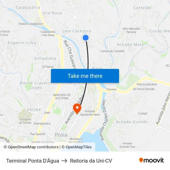 Terminal Ponta D'Água to Reitoria da Uni-CV map