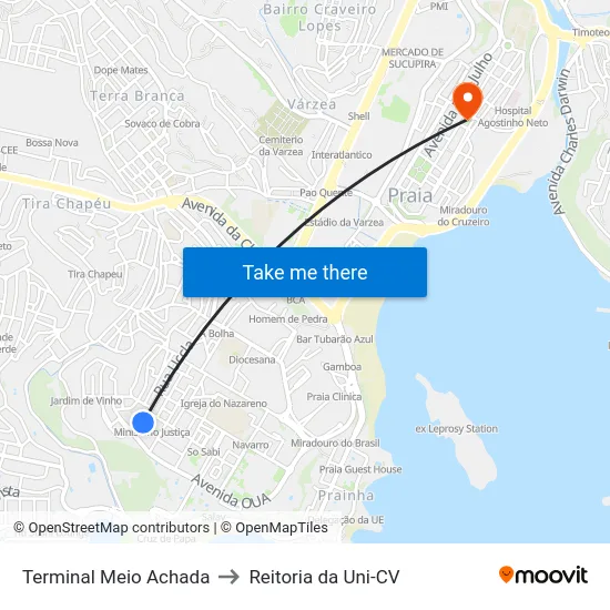 Terminal Meio Achada to Reitoria da Uni-CV map