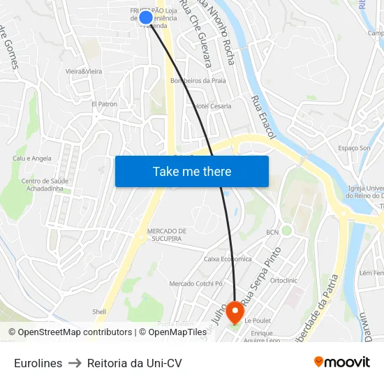 Eurolines to Reitoria da Uni-CV map