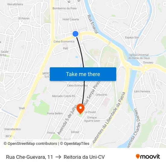 Rua Che-Guevara, 11 to Reitoria da Uni-CV map