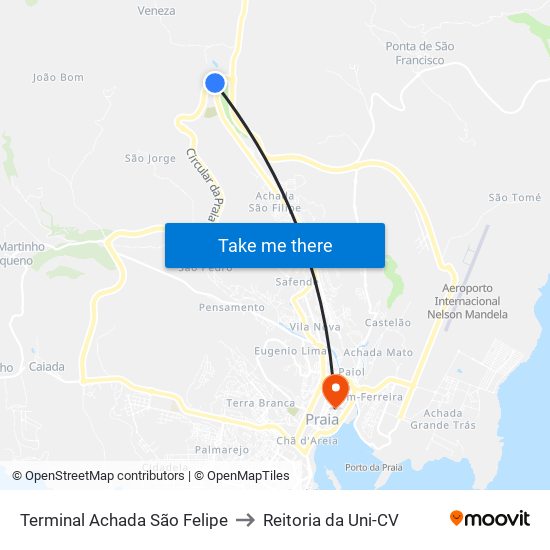 Terminal Achada São Felipe to Reitoria da Uni-CV map