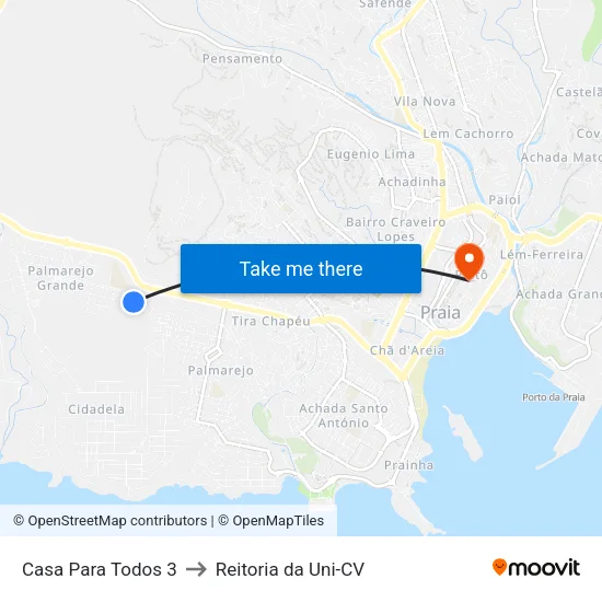 Casa Para Todos 3 to Reitoria da Uni-CV map