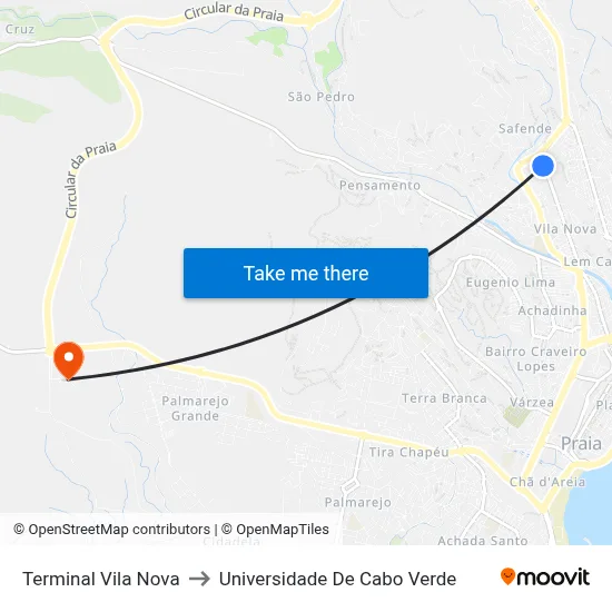 Terminal Vila Nova to Universidade De Cabo Verde map