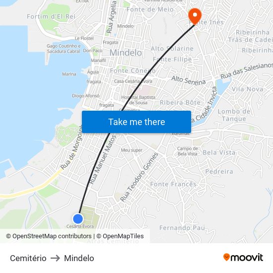 Cemitério to Mindelo map