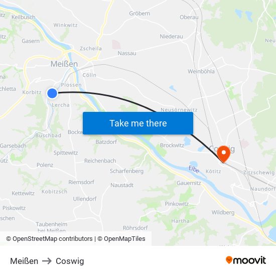 Meißen to Coswig map
