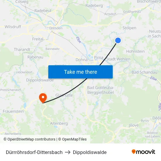 Dürrröhrsdorf-Dittersbach to Dippoldiswalde map